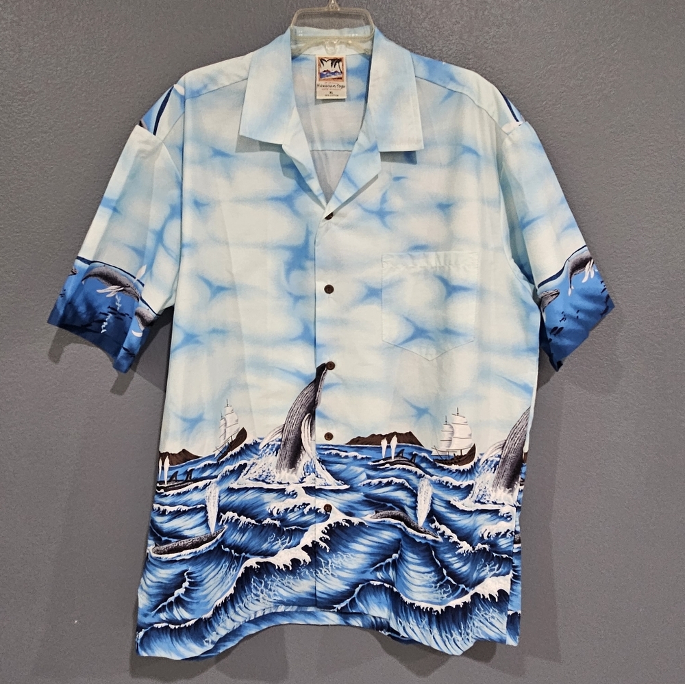 Vintage HAWAIIAN TOGS Button Down Ocean Waves Whales Short Sleeve Shirt XL